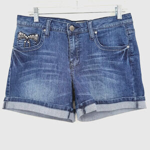 Earl Jean Denim Shorts Womens 10 Blue Cuffed Rhinestone Embellished Y2K